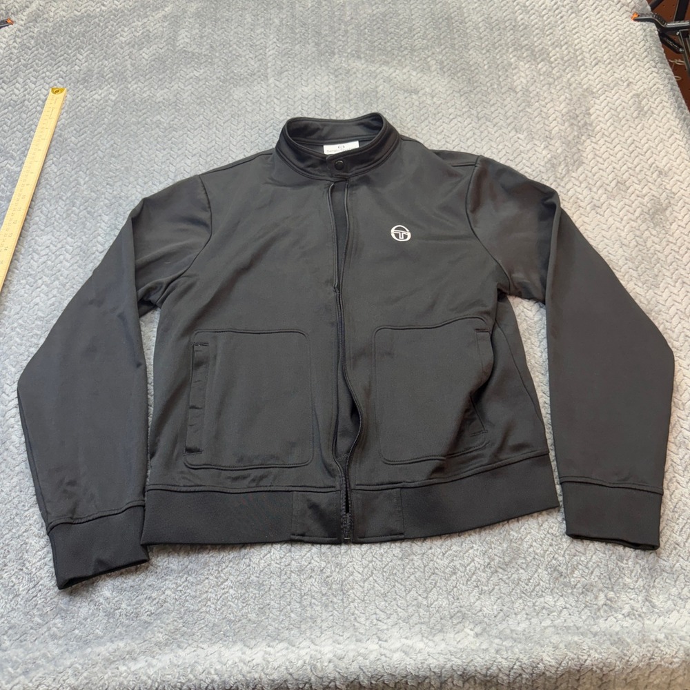 Sergio Tacchini Track Jacket Mens Large Black Zip Up Mock Neck Logo **READ**